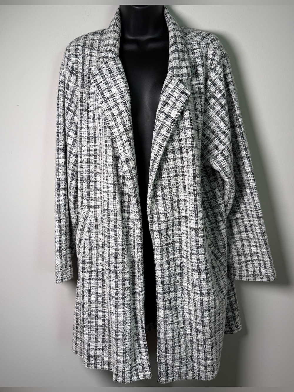 Melloday Black White Tweed Open-Front Duster Cardigan Quiet Luxury Coastal 1X